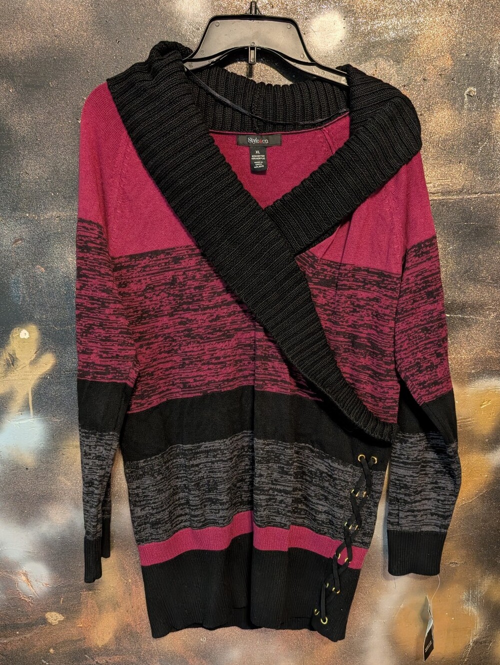 Style & Co. Burgundy, Black and Gray Shawl-Collar Sweater Cardigan